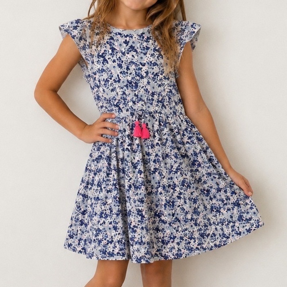 H&M Girls Blue Floral Fit & Flare Dress Pink Tassels Flutter Sleeve Size 8-10Y